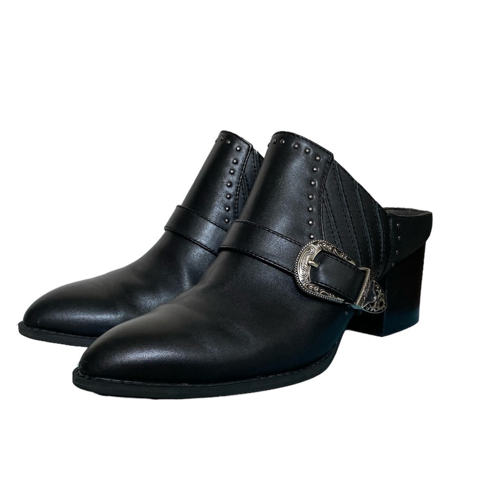 Seychelles Enthusiasm Black Leather Western Heeled Mules Silver Buckle Women 8.5